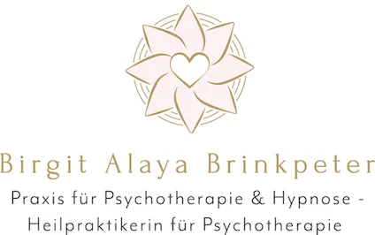 Praxis Logo Birgit Alaya Brinkpeter rosa Blüte auf weißem Hintergrund darunter Schrift Prxisnamen